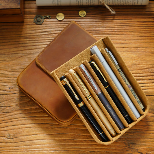 Handmade Removable Pen Tray 6 Slots Leather Pen Case