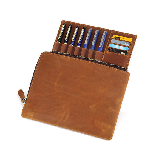 Handmade 7 Slot Clip Board Leather Pen Case