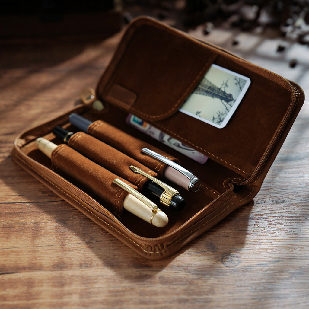 Handmade 3 Slot Velvet Lined Leather Pen Case