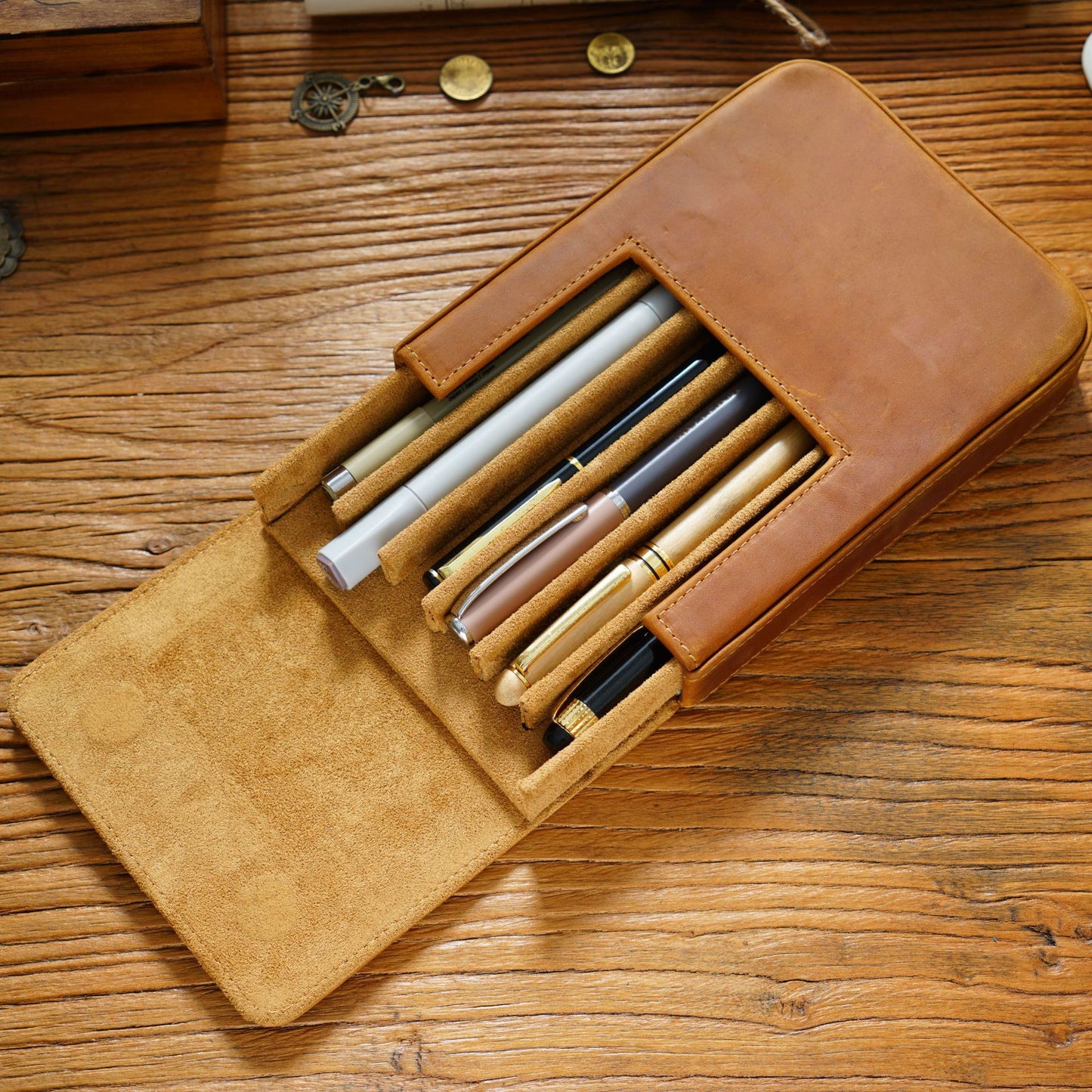 Handmade Removable Pen Tray 6 Slots Leather Pen Case