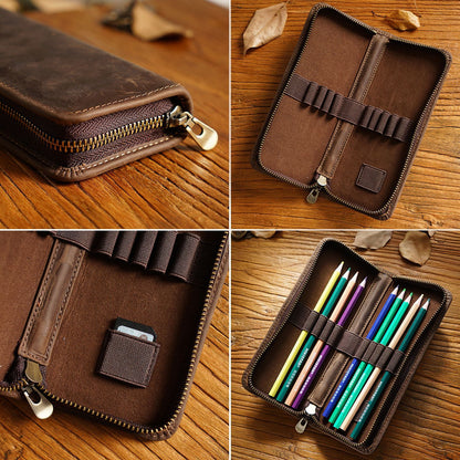 Handmade 10 Slot Leather Pencil Case