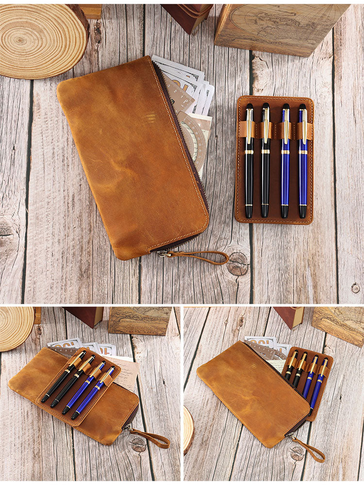 Handmade 4 Slot Clip Board Leather Pen Case