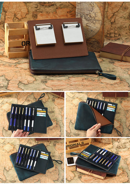 Handmade 7 Slot Clip Board Leather Pen Case