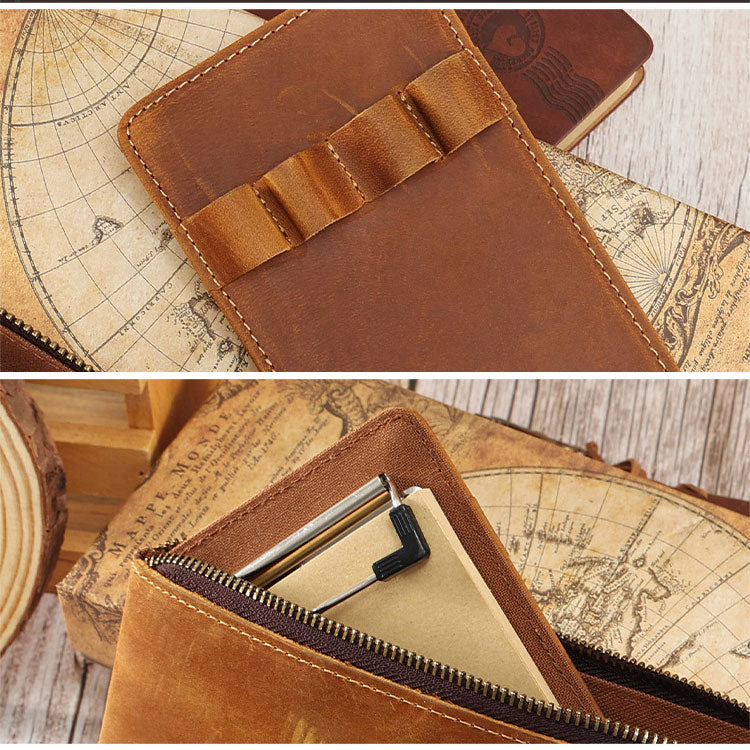 Handmade 4 Slot Clip Board Leather Pen Case