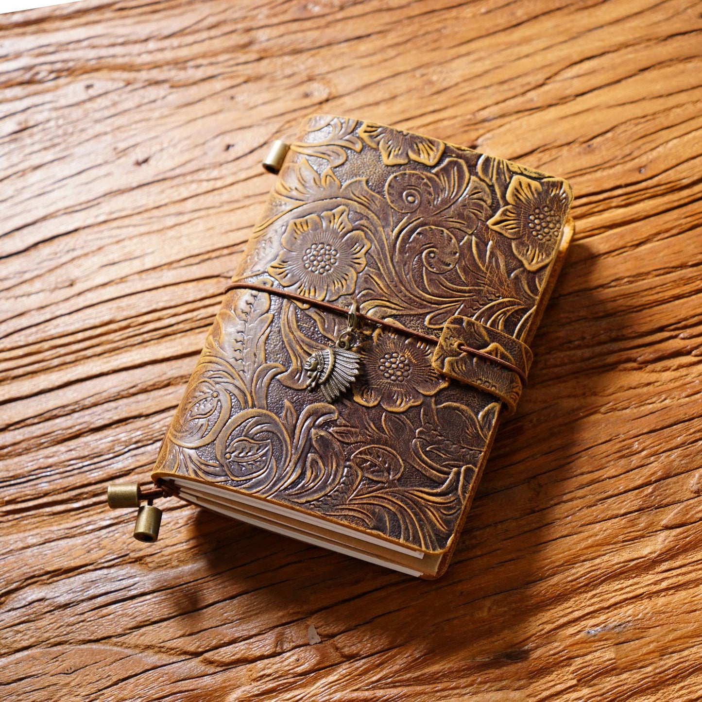 Handmade Passport Size Flower Emboss Refillable Leather Journal