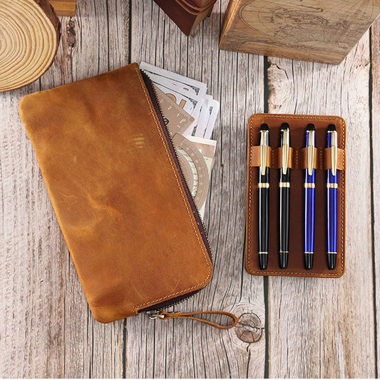 Handmade 4 Slot Clip Board Leather Pen Case